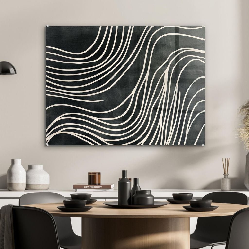 MuchoWow Glasbilder - Bilder auf Wandbild - Foto auf Glas Linien - Muster - Abstrakt - Weiß 80x60 cm Wanddekoration aus Glas - Acrylglasbild - Acr...