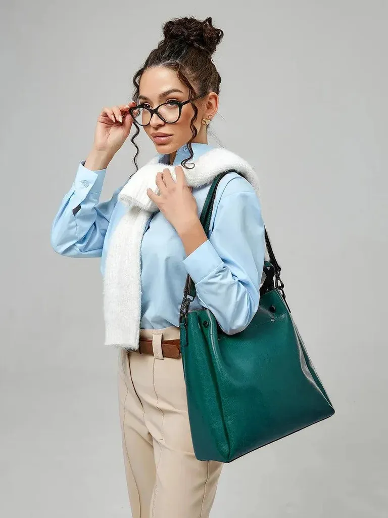 Grand sac cabas Aster en cuir véritable vert - Sac à main chic femme - 8