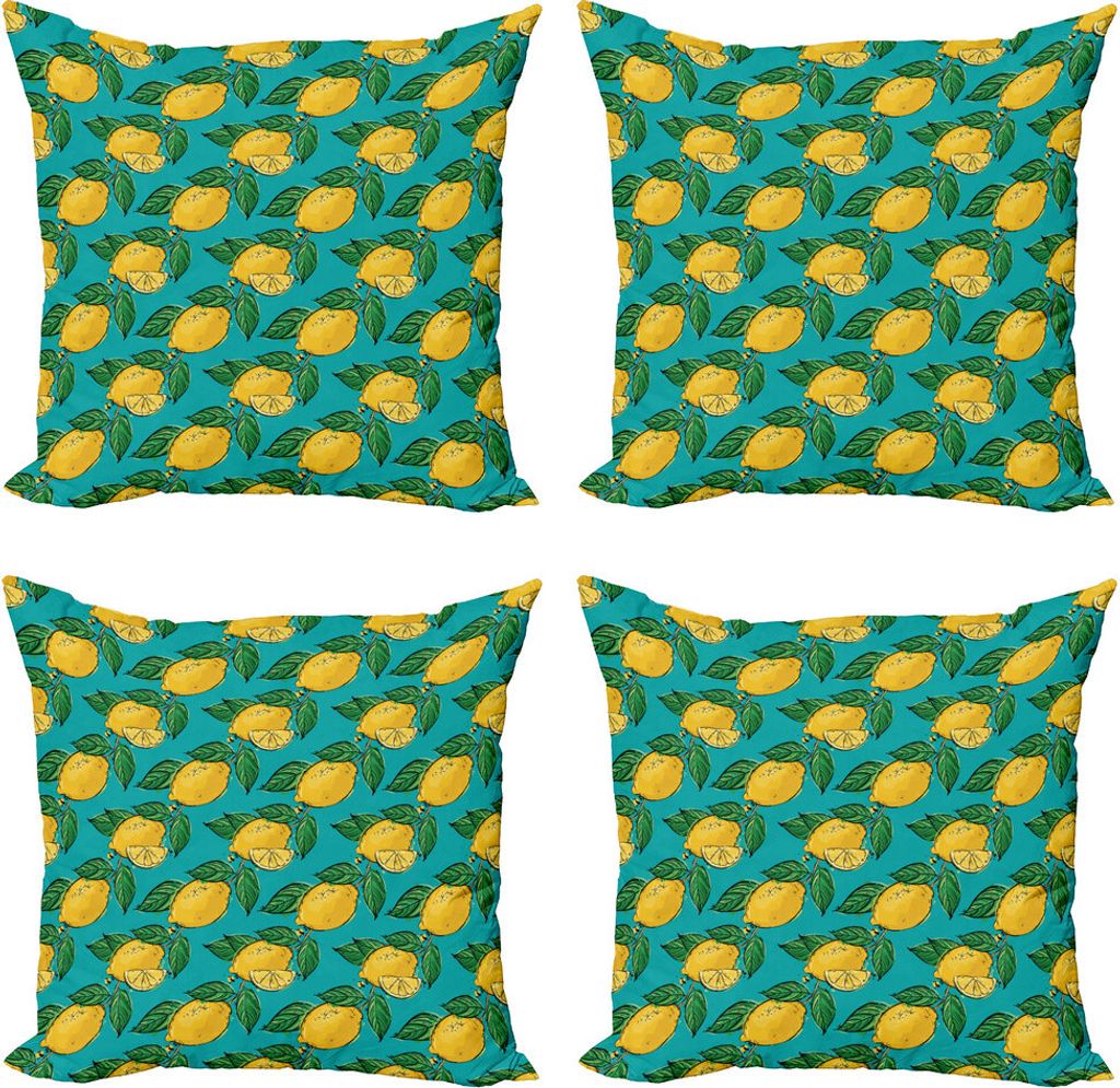 ABAKUHAUS Vegan Kissenbezug Set (4 Stück), Hand gezeichnete Art Zitronen, Moderner Doppelseitiger Digitaldruck, 60 cm x 60 cm, Teal Grün und Gelb
