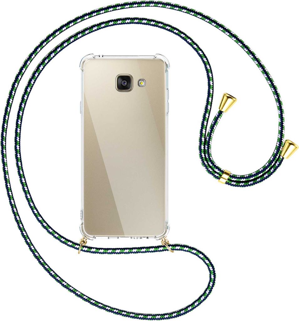 Handykette Backcover-Schutzhülle mit Band (Metall goldfarben) für Samsung Galaxy A5 2016 (SM-A510) - grün/blau/weiß