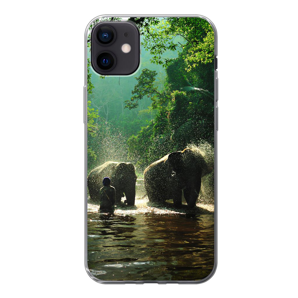 MuchoWow Handyhülle Schutzhülle Hülle für iPhone 12 mini Elefant - Wasser - Bäume - Grün - Tiere Silikon Softcase Handy Hülle - Bild