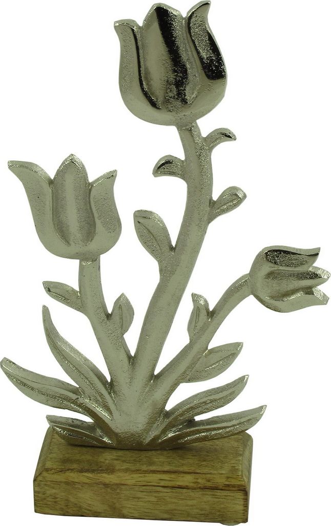 Deko Metall Blume auf Holz Sockel Figur Skulptur Objekt Metallblume Rose Tulpe
