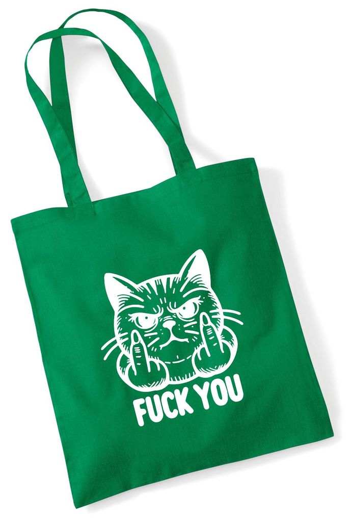 Huuraa Jutebeutel F*ck you grimmige Katze 10 Liter Kelly Green Baumwolle Tasche Geschenkidee