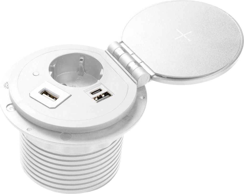 GTV Einbautischsteckdose CHARGER PLUS, 1x Schuko, USB-A+C, austauschbarer USB-A, HDMI, RJ45, 1,5m Kabel, Weiß - vielseitig einsetzbar, ideal für ...