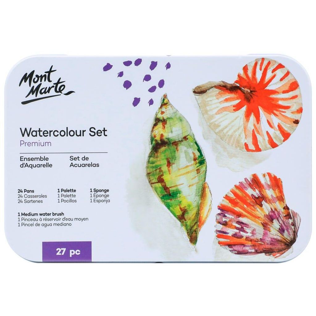 Mont Marte Aquarellfarben Set 24 Farben – Tragbares Malset mit Wassertankpinsel im Etui – Ideal für Reisen, Urban Sketching & kreative Auszeiten