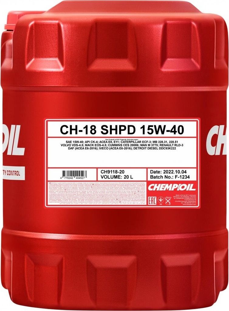 CHEMPIOIL TRUCK CH-18 SHPD für 15W-40 20 Liter Motoröl Motorenöl CATERPILLAR ECF-3 CUMMINS CES 20086 DDC PGOS 93K222 DQC III-10 LA WSS-M2C171-F1...