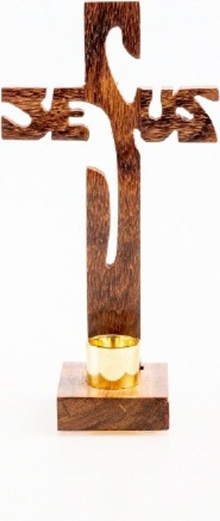 Stehkreuz "Jesus" in Holz 19 cm mit Kerzenhalter Produktbild 