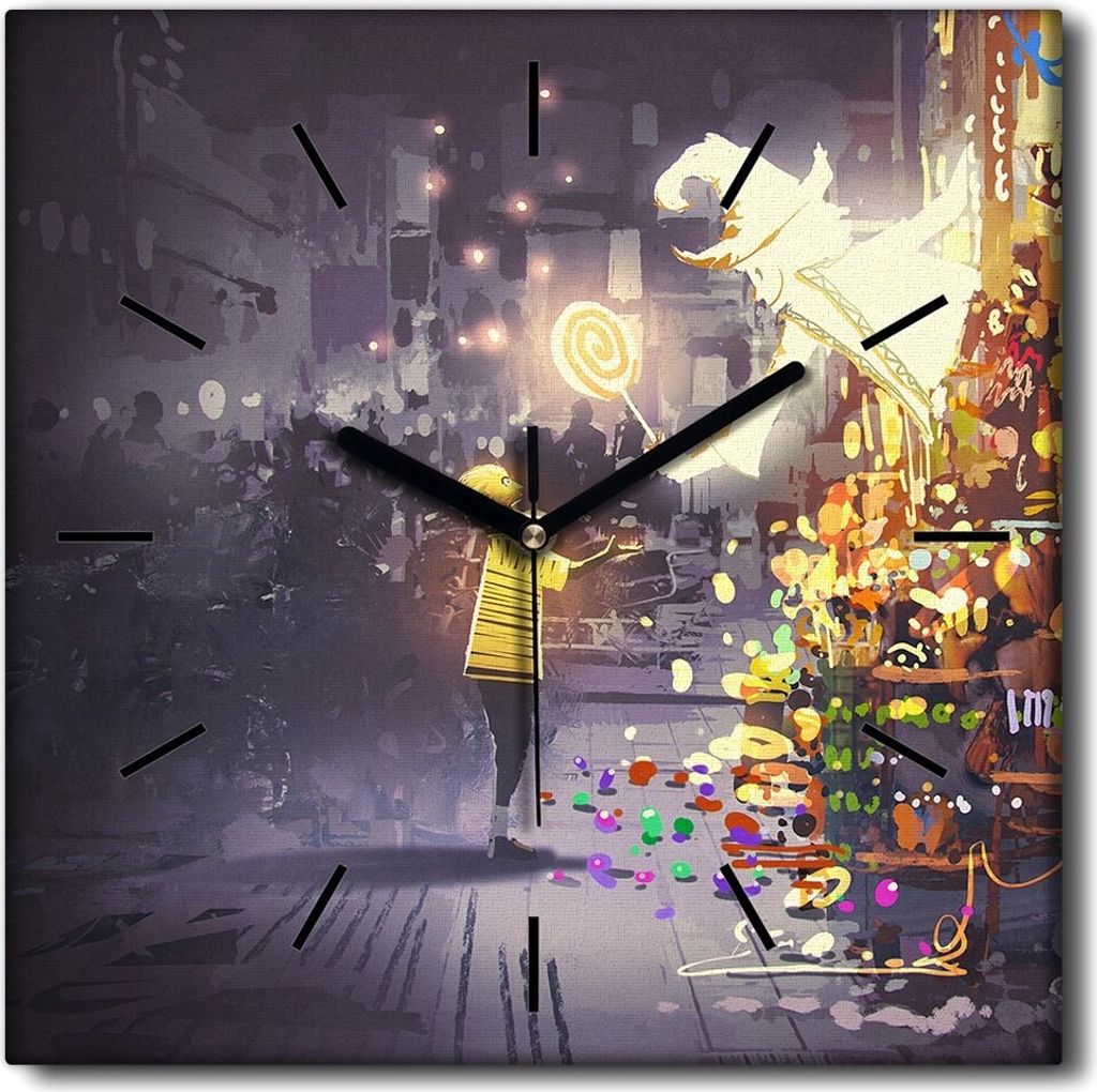 Coloray Uhr auf Leinwand 30x30 cm Wand Uhr Dekoration Wohnzimmer Segeltuch schwarze Hände -Zauberer Lollipop Magie