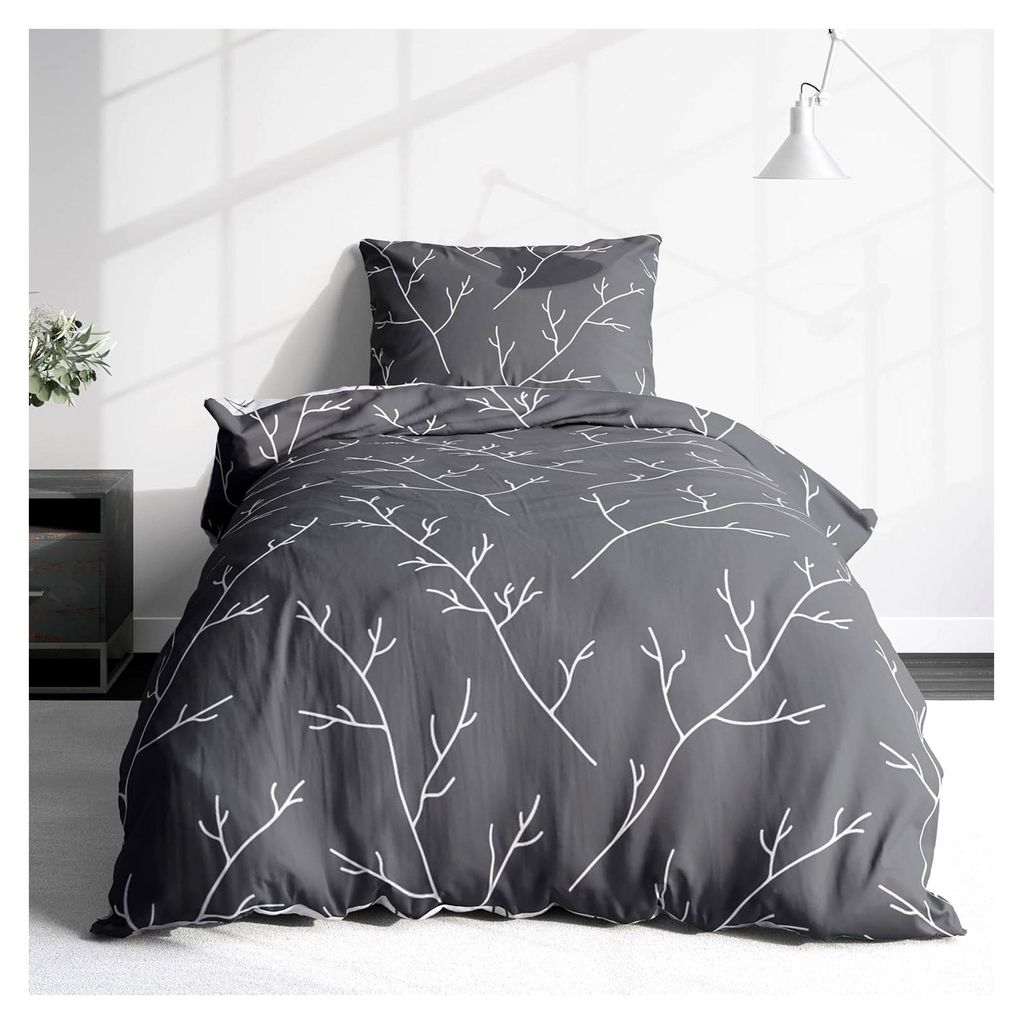 Biber Bettwäsche 135x200 cm - 2-teiliges Blumenmuster in Grau und Weiß - 100% Baumwolle - Bettwäsche-Set mit floralem Paisley-Muster