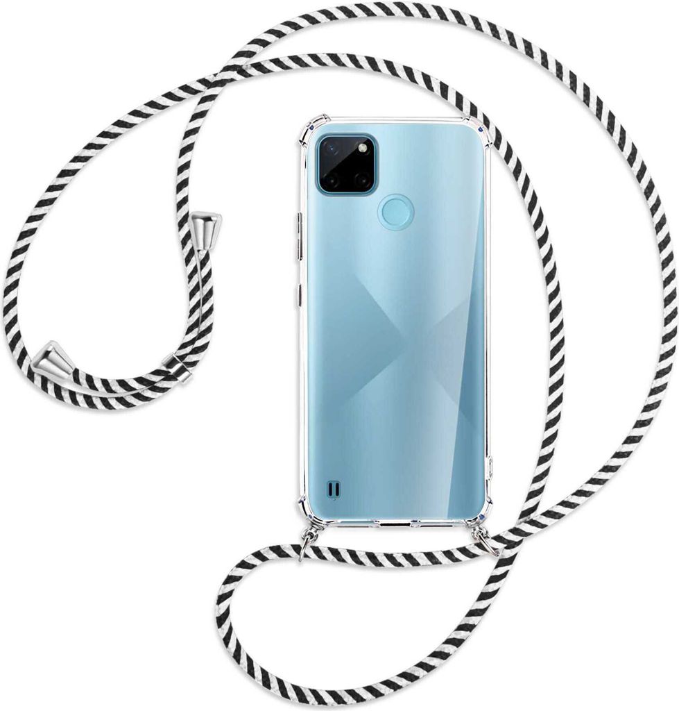 Handykette Backcover-Schutzhülle mit Band (Metall silberfarben) für Realme C21Y /C25Y - schwarz/weiß gestreift