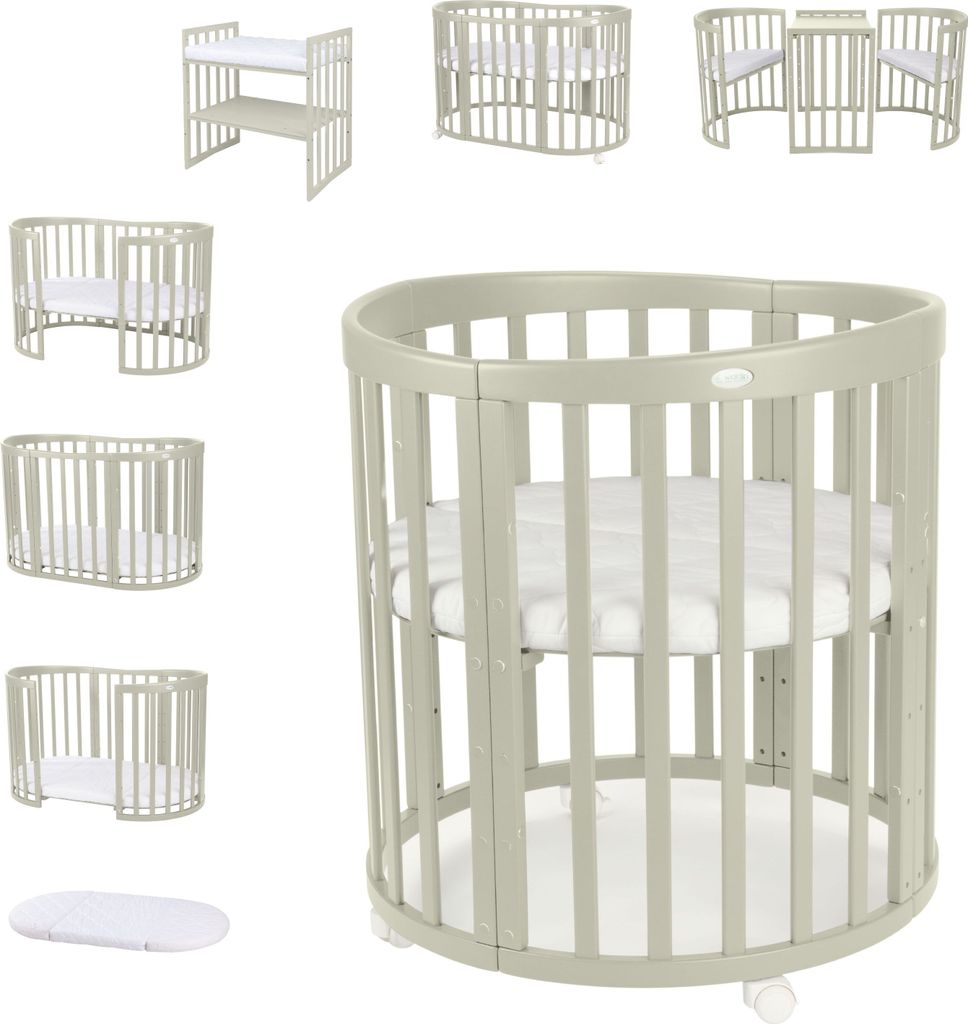 Mobiles Babybett OWAL aus Holz 7in1 mit Matratze, mitwachsend,Ohne Stoffset,Holz olive