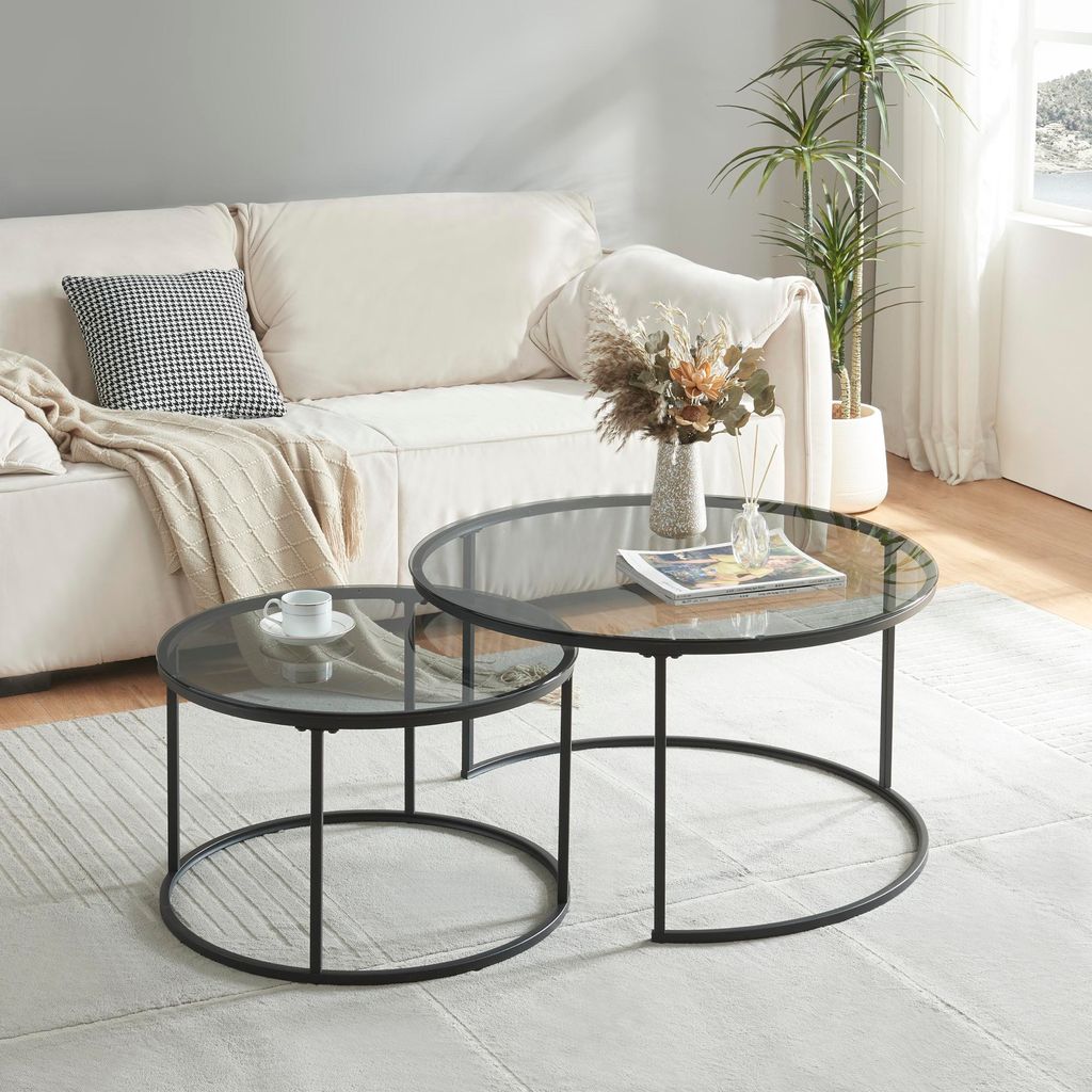 A living room scene with a couch, coffee tables, and a plant.