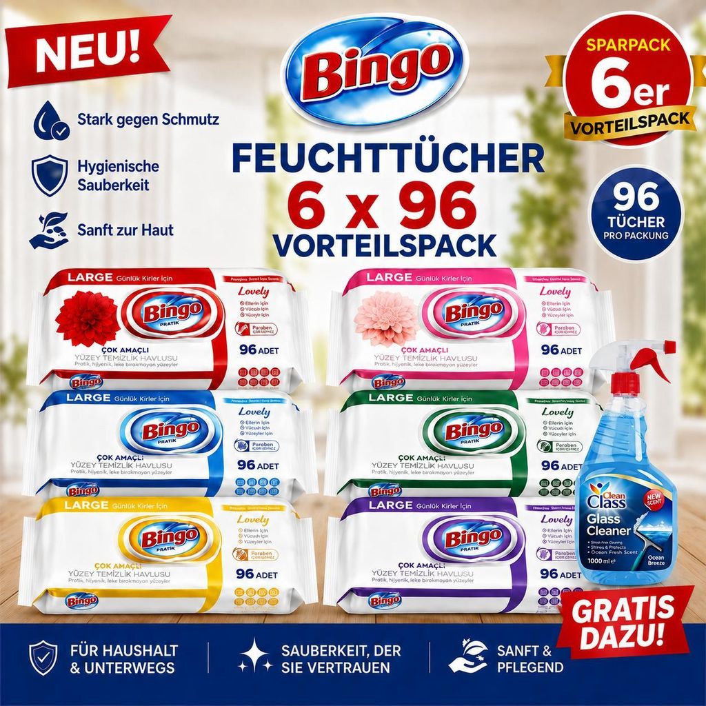 Bingo Mix Set 6x96 Blatt – 6 Düfte – Reinigungstücher + Produktbild 