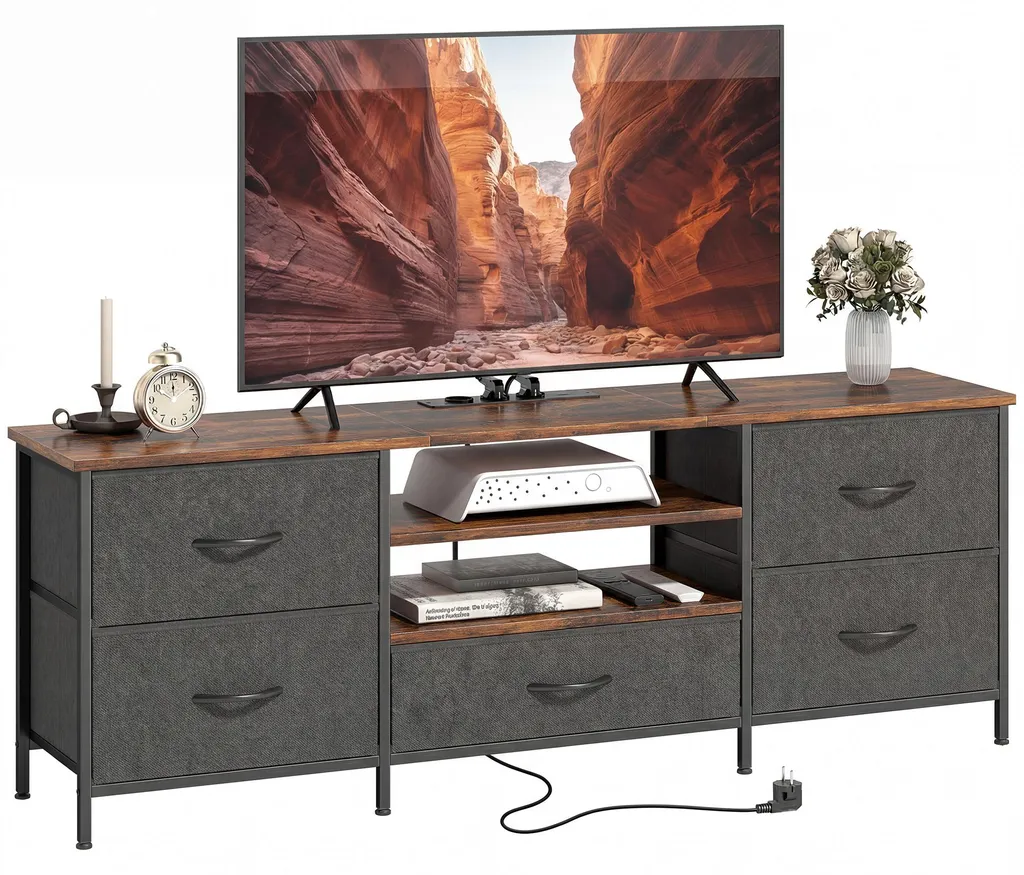 Banc TV industriel 140cm pour écran 65 pouces avec prises intégrées USB