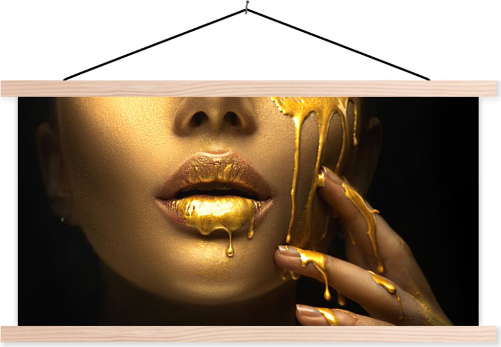 MuchoWow Textilposter Gold - Frau - Farbe 120x60 cm mit holzfarbenen Rahmen - Klemmleiste