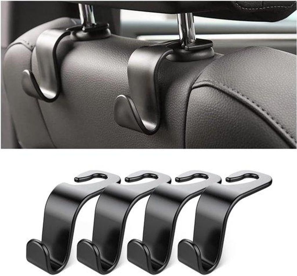 Haken voor Achterbank Hoofdsteun - 4-Pack - Zwart - für Handtaschen, Kleidung und Einkaufstaschen