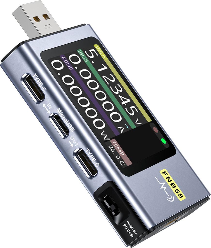 FNB58 USB Tester mit 2,0" IPS Display – USB Voltmeter Amperemeter Typ-C Schnellladeprotokoll Erkennung und Kapazitätsmessung
