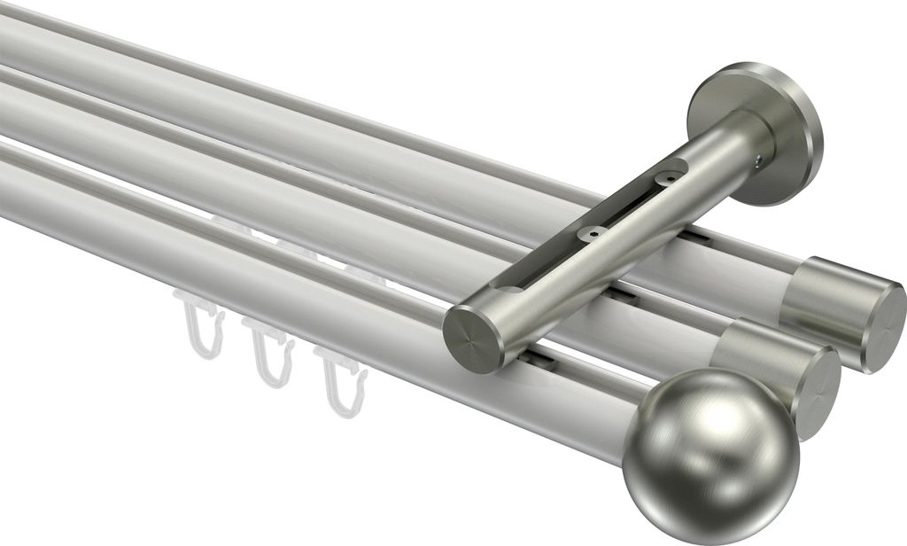Interdeco Innenlaufstange / Gardinenstange mit Innenlauf Weiß / Edelstahl-Optik, Typ Siteno Luino (Kugel), 20 mm Ø 3-läufig, 540 cm