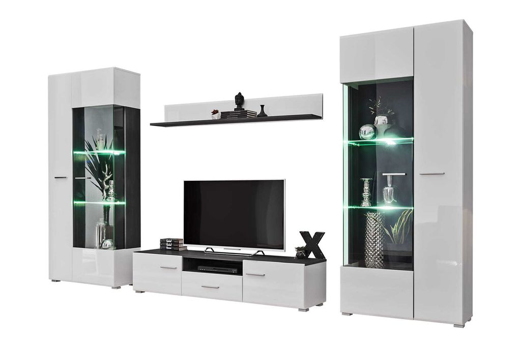 A modern living room furniture set with a TV stand, a tall display cabinet, a wall shelf, and a smaller display cabinet.