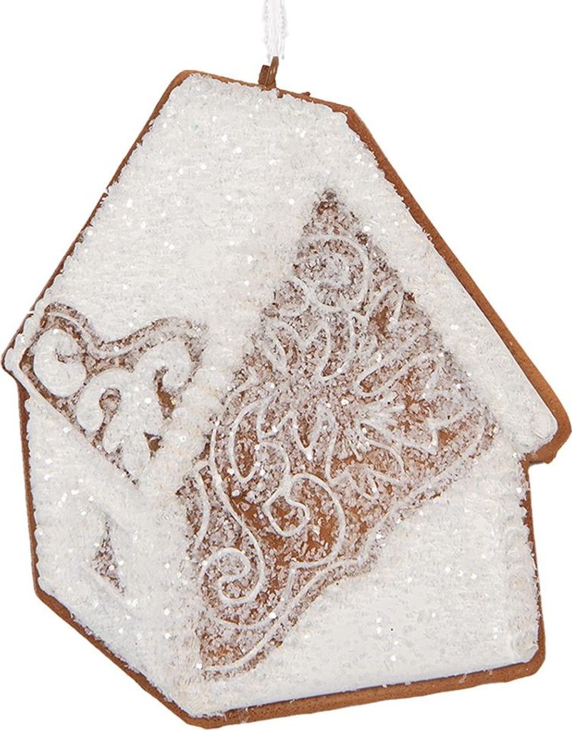 Clayre & Eef Weihnachtsanhänger Lebkuchenhaus 9x1x10 cm Weiß Kunststoff