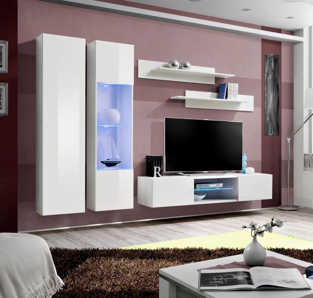 Komplett Set 5tlg Luxus Weiß Wohnwand Hänge Vitrine Schrank TV-Ständer Neu