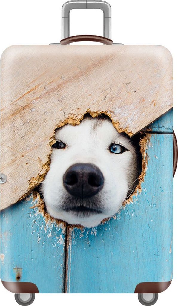 Kofferhülle mit 3D-Druck Weißer Hund frisst meinen Koffer - Größe M - 35-38 cm