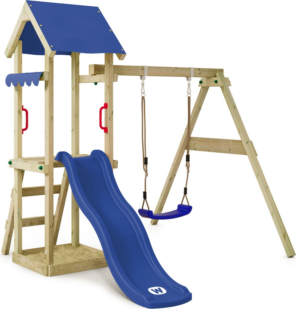 WICKEY Spielturm Klettergerüst TinyWave mit Schaukel & Rutsche, Kletterturm mit Sandkasten, Leiter & Spiel-Zubehör - blau