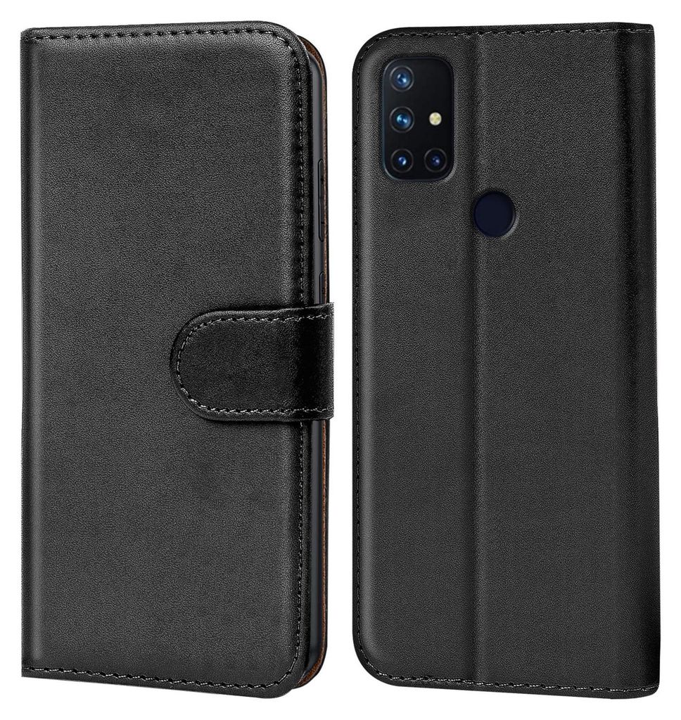 A black flip case for a smartphone is shown from the front and back.