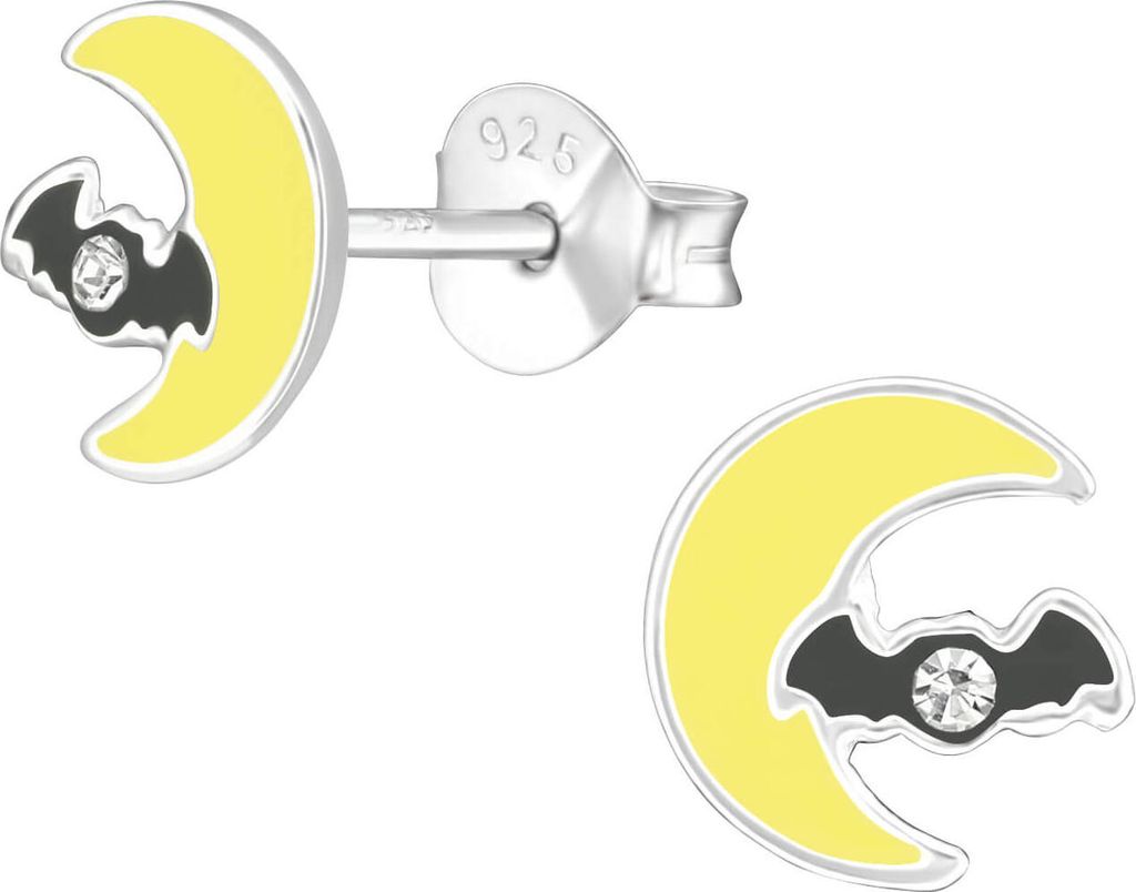 Kinder Ohrringe Ohrstecker 925 Sterling Silber Mond mit Fledermaus und Kristall