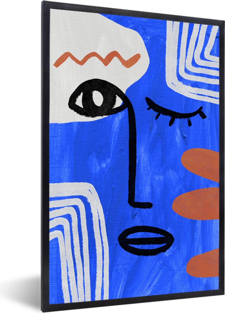 MuchoWow Gerahmtes Poster Gesicht - Abstrakt - Blau 60x90 cm - Poster mit Schwarzem Bilderrahmen Wandposter Rahmen Foto Bilder - Kunst