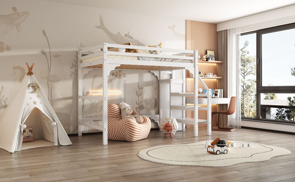 140x200cm Hochbett Weiß mit Stufentreppe, Kleiderschrank & Produktbild 7