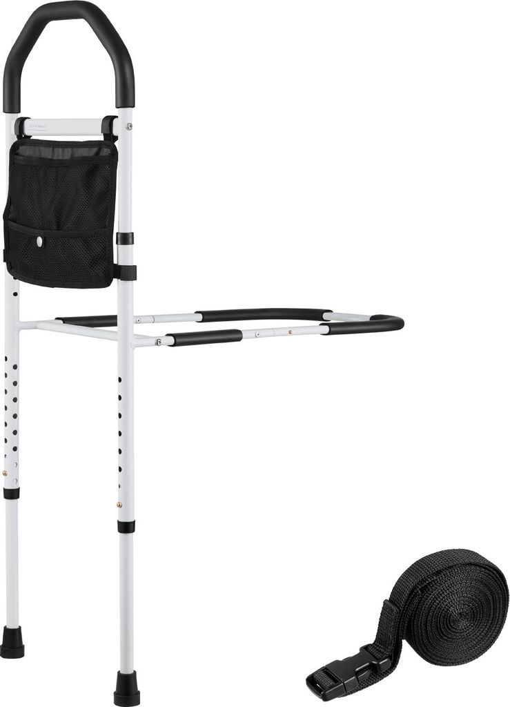 SucceBuy Aufstehhilfe Bett mit Stützbein und PolyurethanHandlauf, höhenverstellbarer Gehstock Kohlenstoffstahlrohr, geeignet für Kingsize-, Quee...
