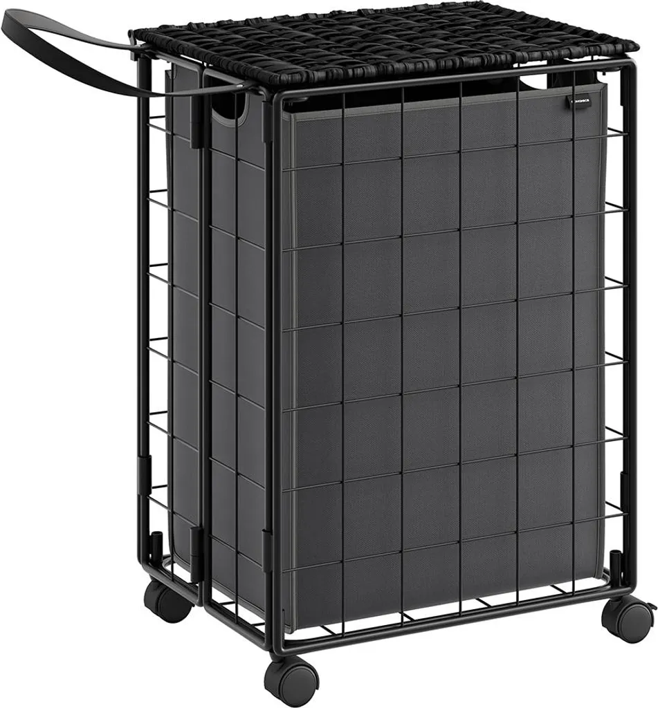 Panier Linge 90L Noir/Gris, Couvercle Tissu et Roulettes pivotantes - 90L