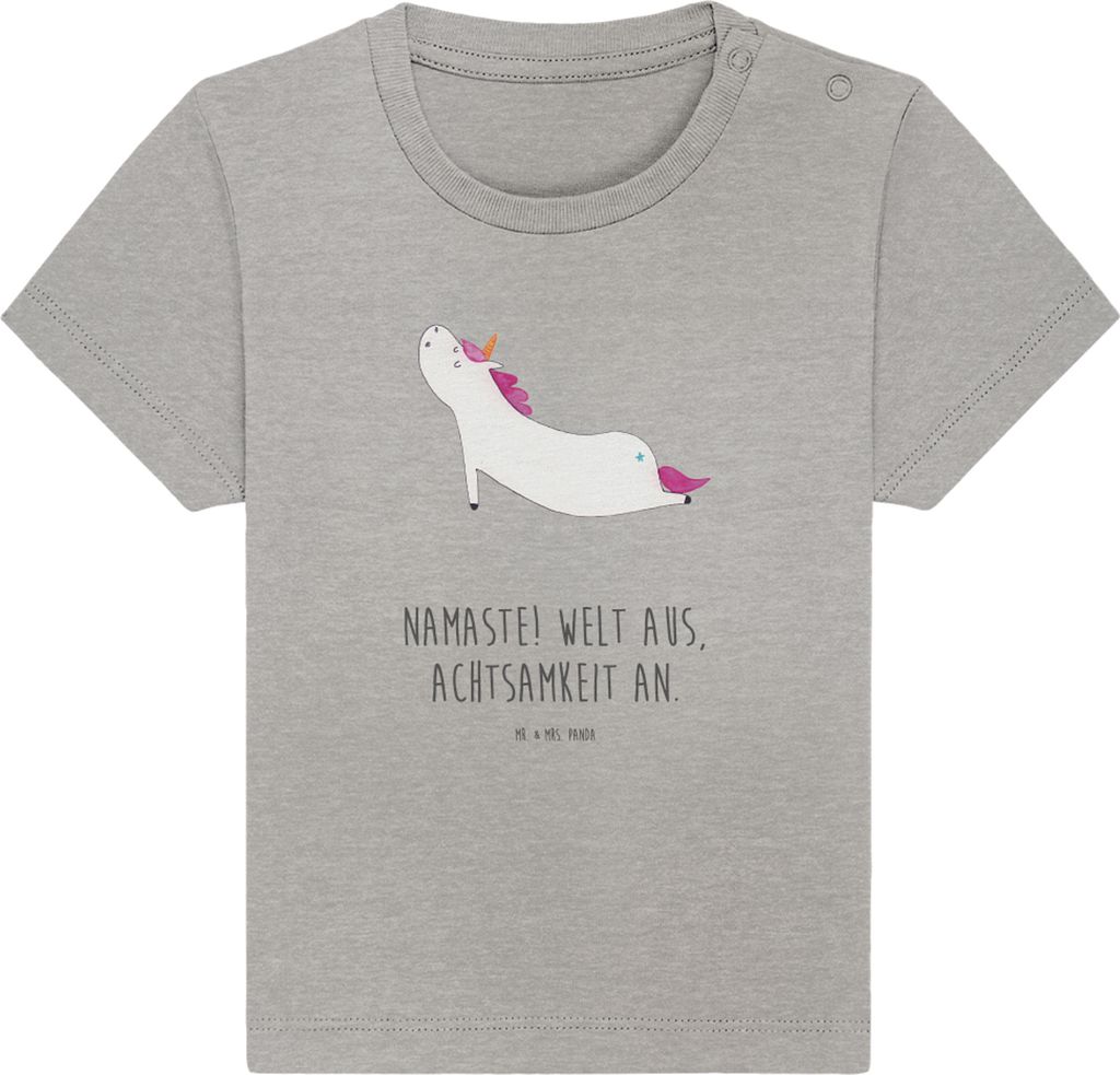 Mr. & Mrs. Panda T-Shirt Einhorn Yoga 6. - 12. Monat - Heather Grey - Geschenk, Achtsamkeit, Babyshirt, Sport, Organic Baby Shirt, Einhörner, Klei...