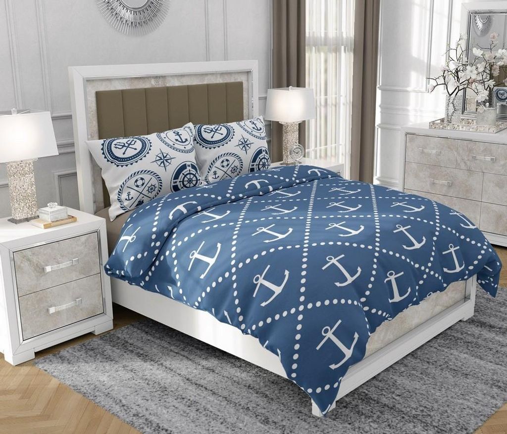 Bettwäsche 200x220 cm + 2x70x80 cm, 3-teilig, 100% Baumwolle, Satin, Reißverschluss, Maritim, Himmelblau - SOVIO | So.0023