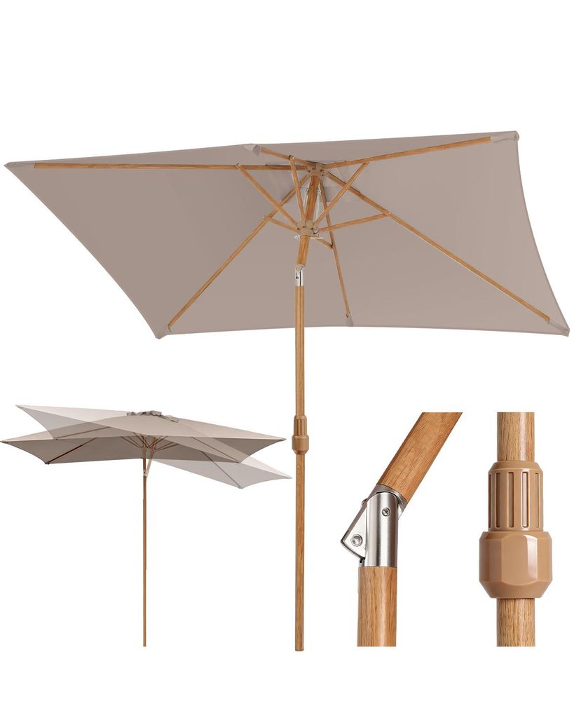 Sekey Rechteckiger Sonnenschirm 200x150 cm Holzoptik, Knickbar, UV-Schutz 50+, Gartenschirm für Balkon und Terrasse, Taupe