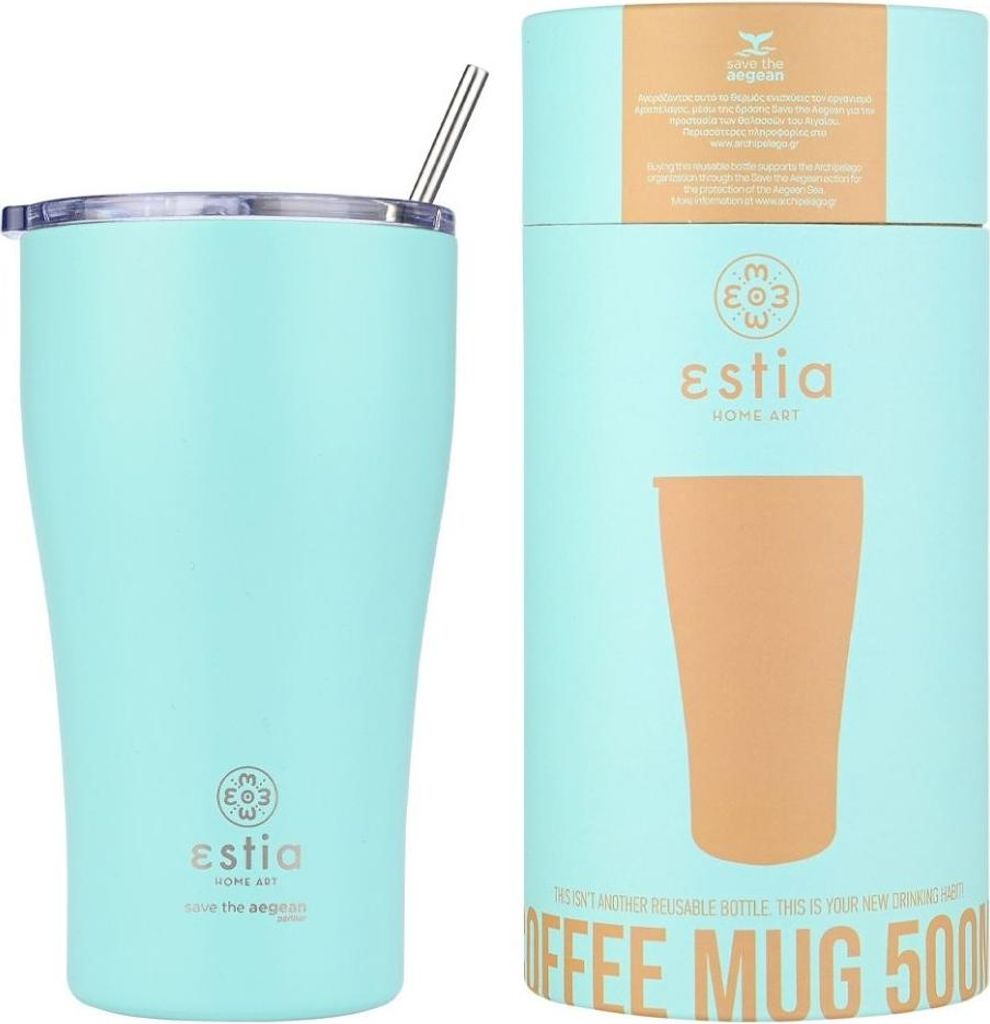 ESTIA | Isolierbecher - Kaffeebecher - Thermobecher mit Strohhalm - 500 ml - türkis - aus Edelstahl