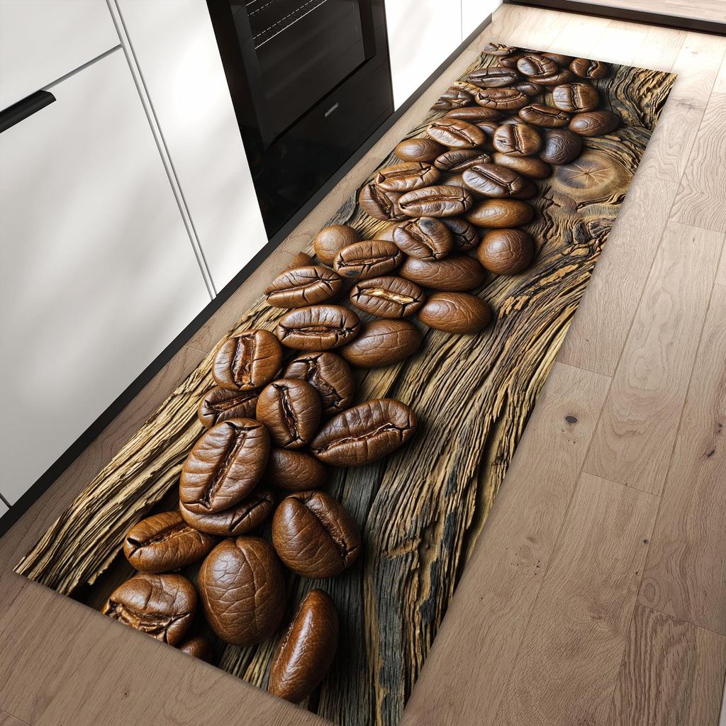 Küchenteppich 80x250cm rutschfest & abwischbar PVC Läufer - Kaffeebohnen Holz
