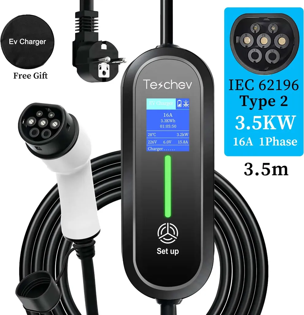 Caricabatterie portatile per veicoli elettrici, potenza di uscita 3,5 kW, impermeabile IP65, nuovo tipo 2 da 3,5 metri