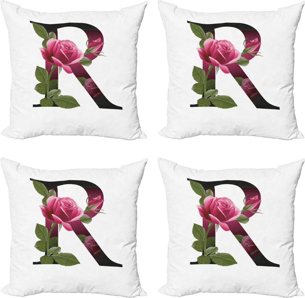 ABAKUHAUS Buchstabe R Kissenbezug Set (4 Stück), Blume der Liebe Rose R, Moderner Doppelseitiger Digitaldruck, 45 cm x 45 cm, Rosa-Grün-Weiß