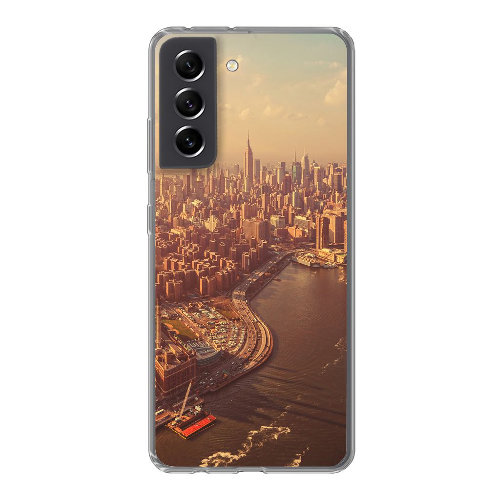 MuchoWow Handyhülle Schutzhülle Hülle für Samsung Galaxy S21 FE New York - Skyline - Gold Silikon Softcase Handy Hülle - Mobiltelefonhülle