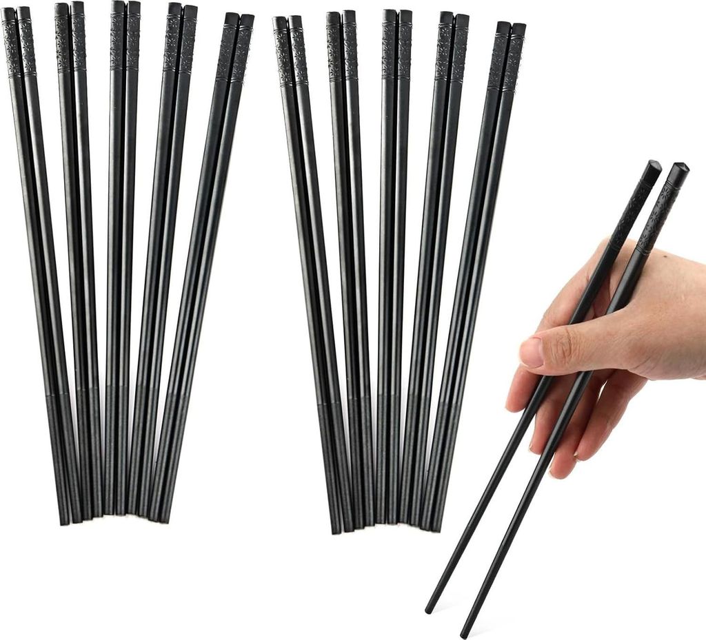 Essstäbchen, 10 Paar, 24cm, Spülmaschinenfest, Rutschfestes Design, Schwarz