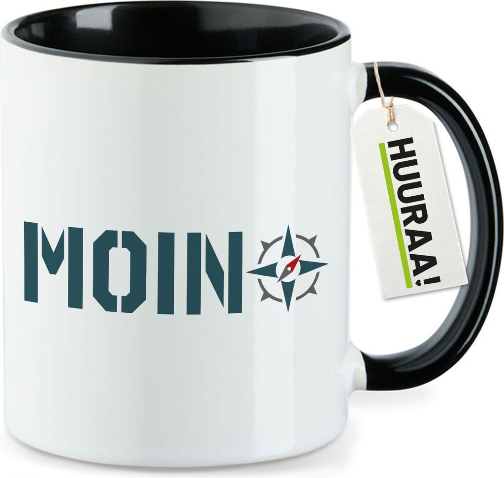 Huuraa Kaffeetasse Moin Kompass 330ml Schwarz Keramik Kaffeebecher Geschenkidee