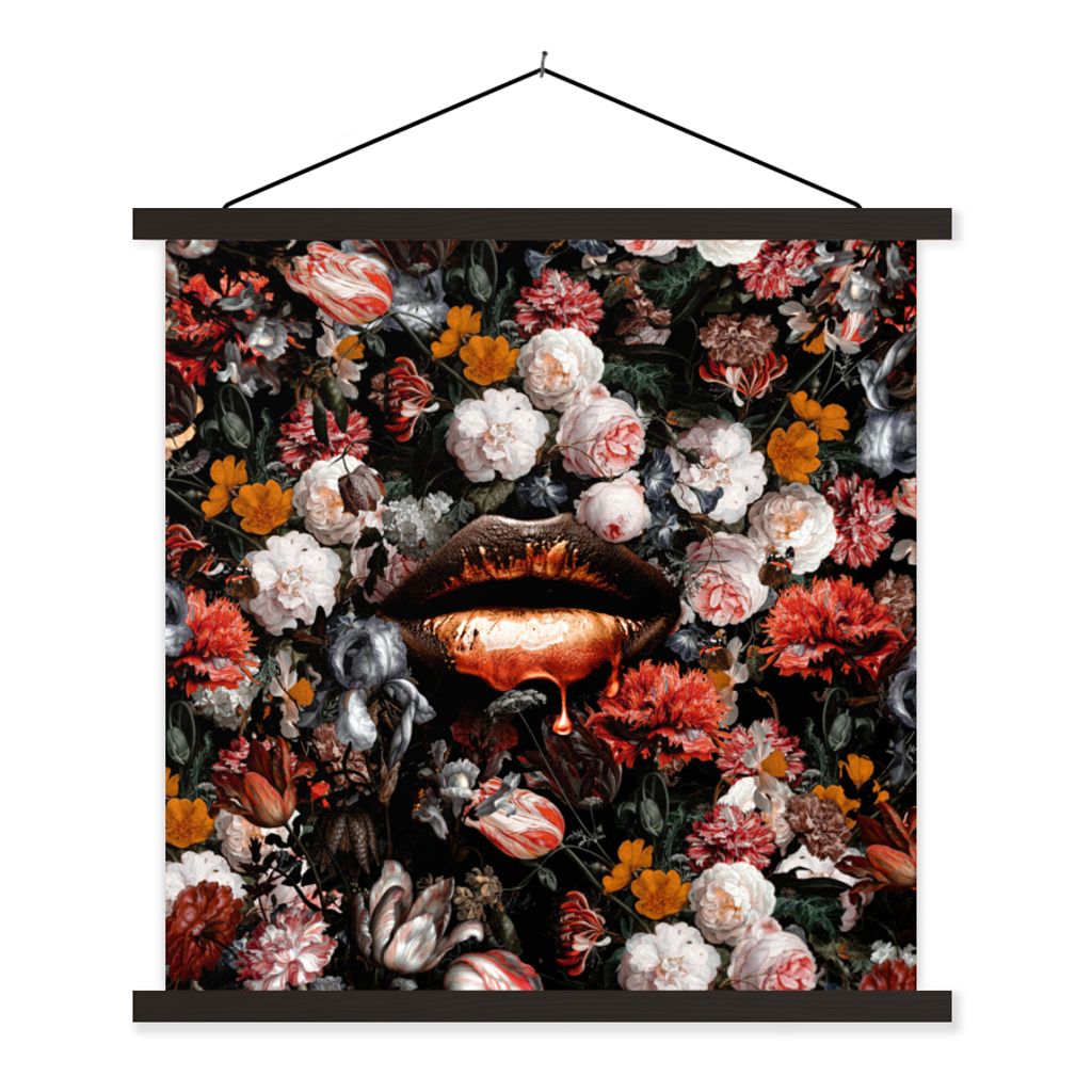 MuchoWow Textilposter Lippen - Blumen - Farbe - Orange - Kunst - Abstrakt - Alte Meister 90x90 cm mit schwarzem Rahmen - Magnetisches