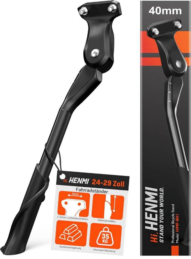 HENMI Fahrradständer 24-29 Zoll, stabiler Seitenständer, 2 Löcher, geeignet für E-Bike und MTB, 40mm Loch für M6 Schrauben.