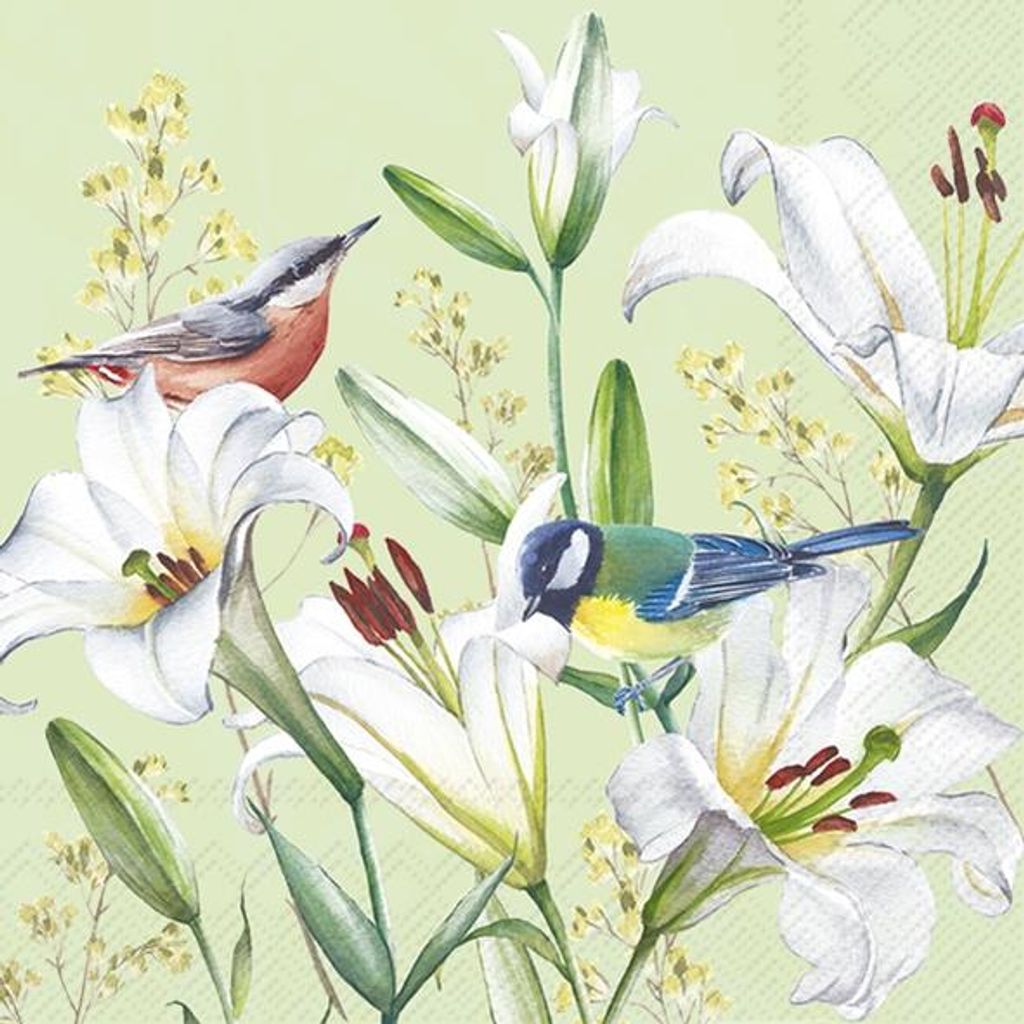 Servietten 33x33 cm - BIRDS IN LILIES light green