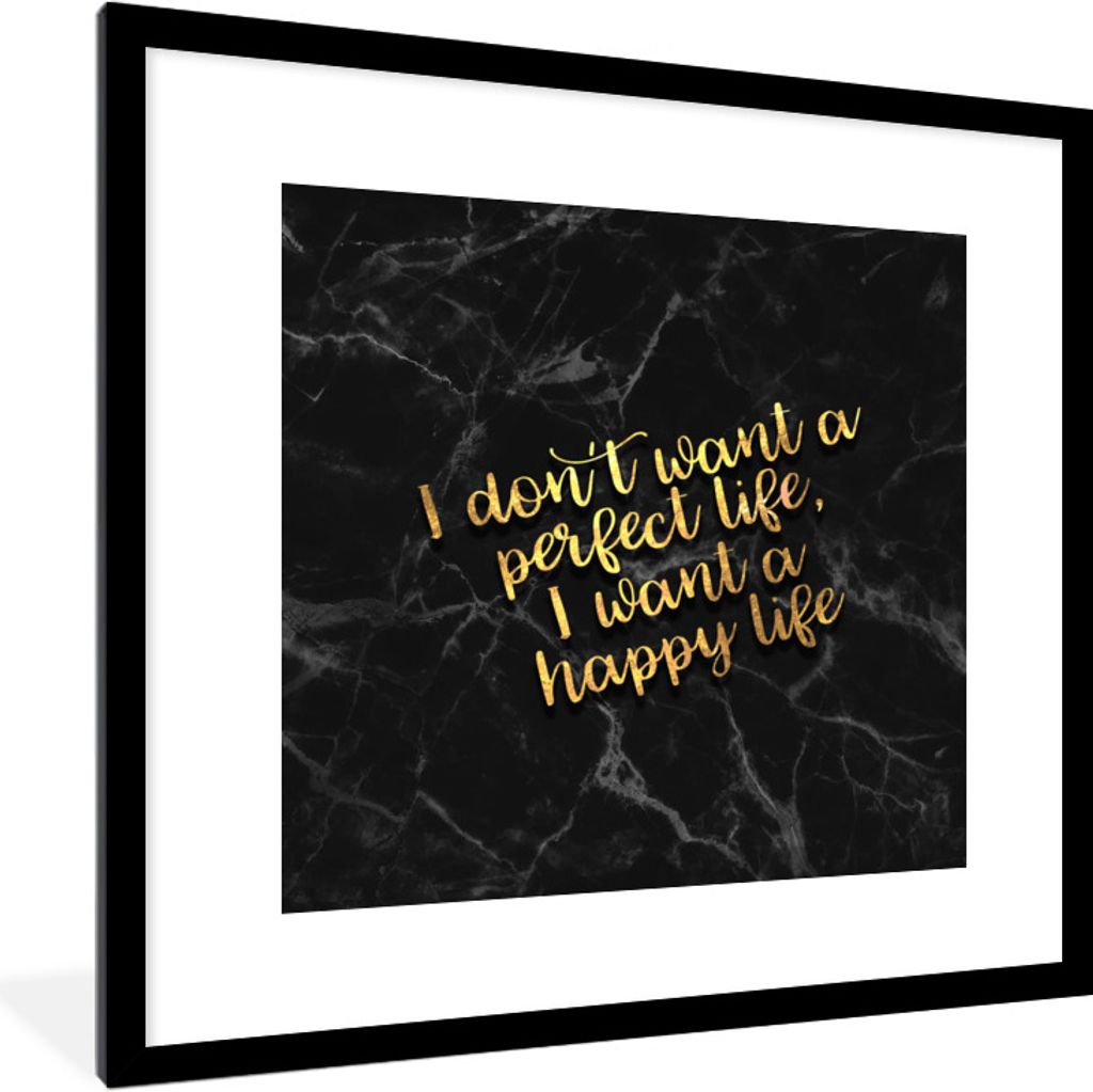 MuchoWow Gerahmtes Poster Zitate - Glücklich - Gold - Marmor 40x40 cm - Poster mit Schwarzem Bilderrahmen Wandposter Rahmen Foto Bilder - Poster...