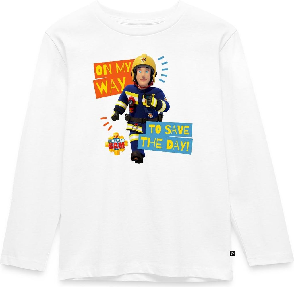 Spreadshirt Feuerwehrmann Sam On My Way To Save The Day Kinder Premium Langarmshirt, 134/140 (8 Jahre), Weiß
