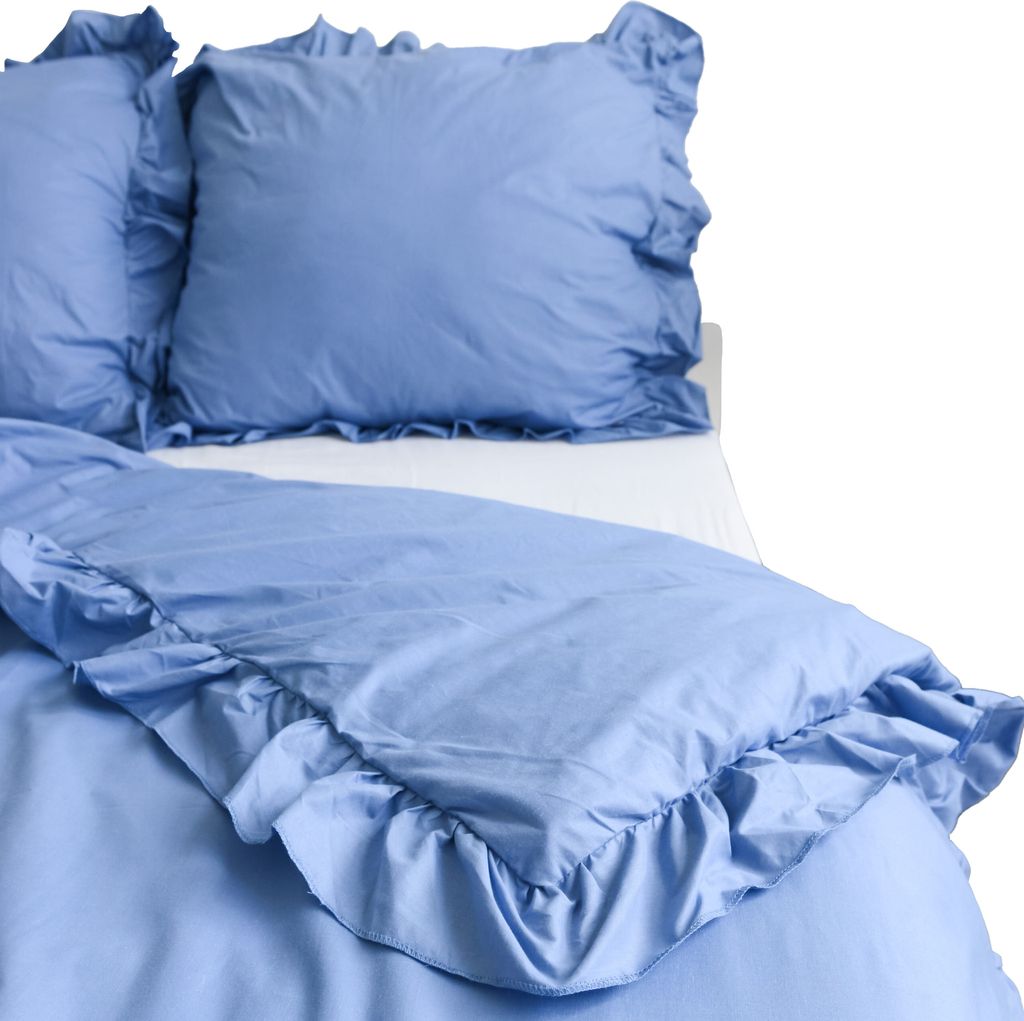 Baumwolle Bettwäsche Mit Rüschen Set Schlafzimmer Bettdeckenbezug 160X200 Cm + 2 Kissenbezüge 70X80 Cm Denim-Blau