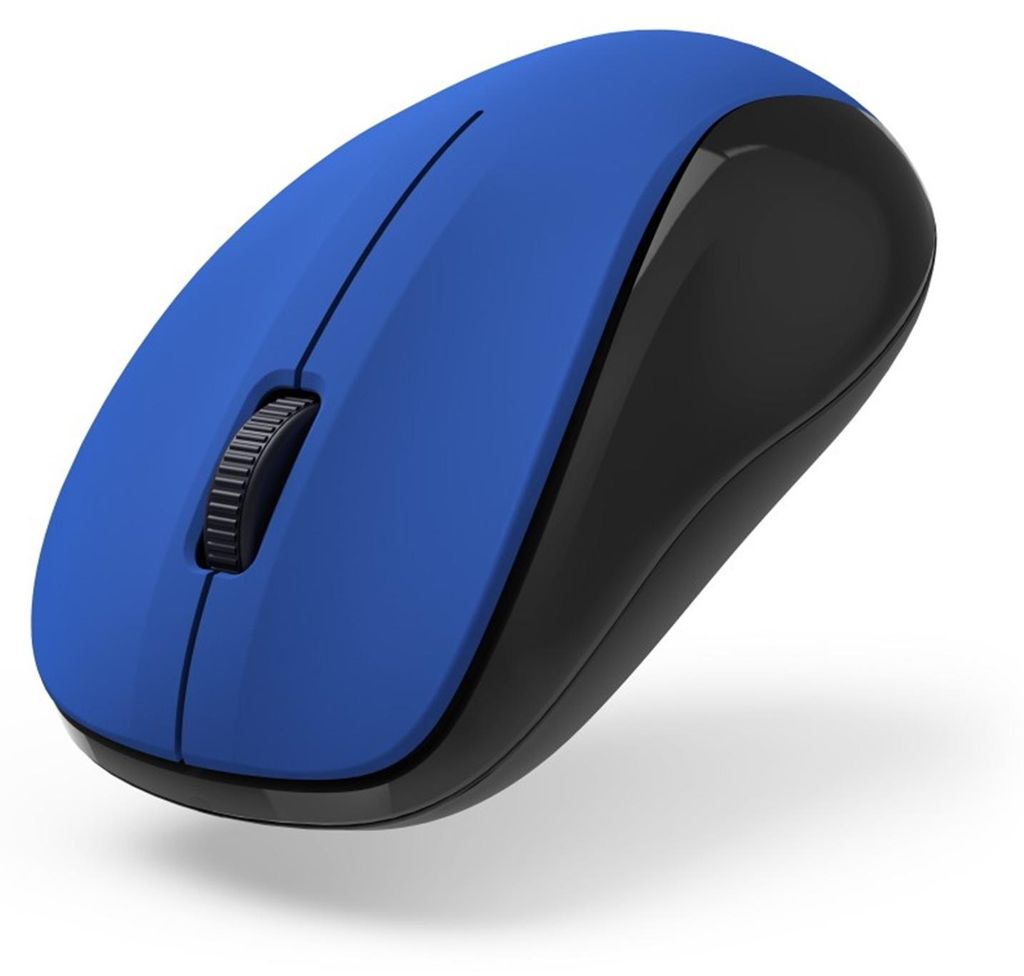 A blue and black wireless computer mouse is shown from a diagonal angle on a white background.